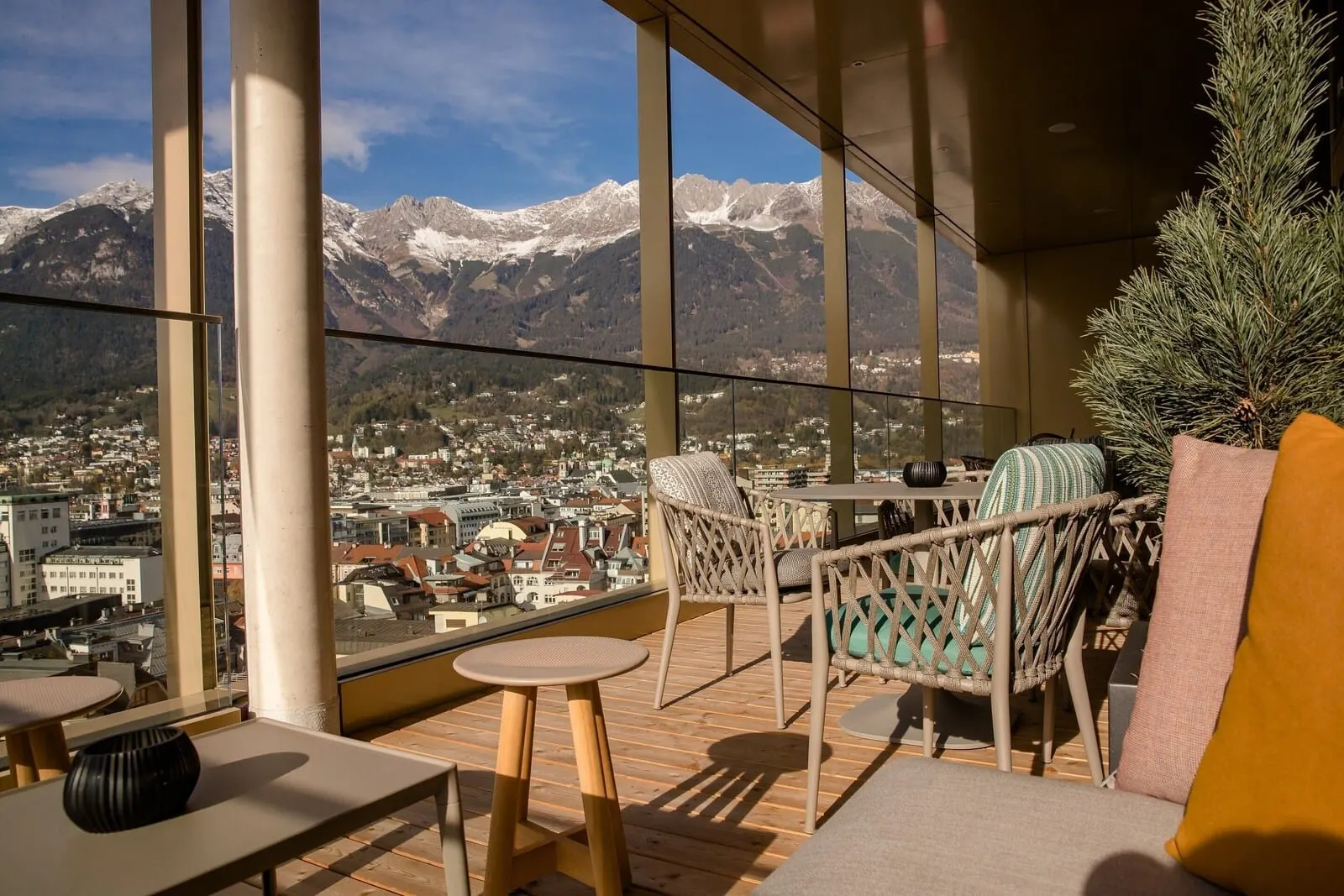 Motel One Innsbruck: The lounge terrace above Innsbruck, looking at the Nordkette
