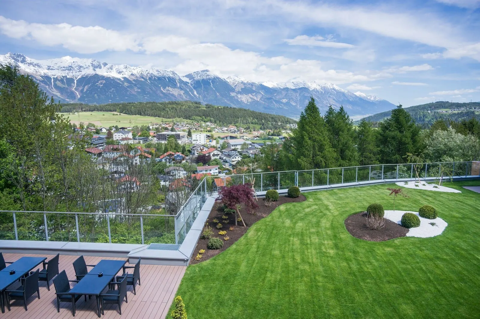 Hotel dasMEI: The hotel garden above Mutters, looking across the Inn valley