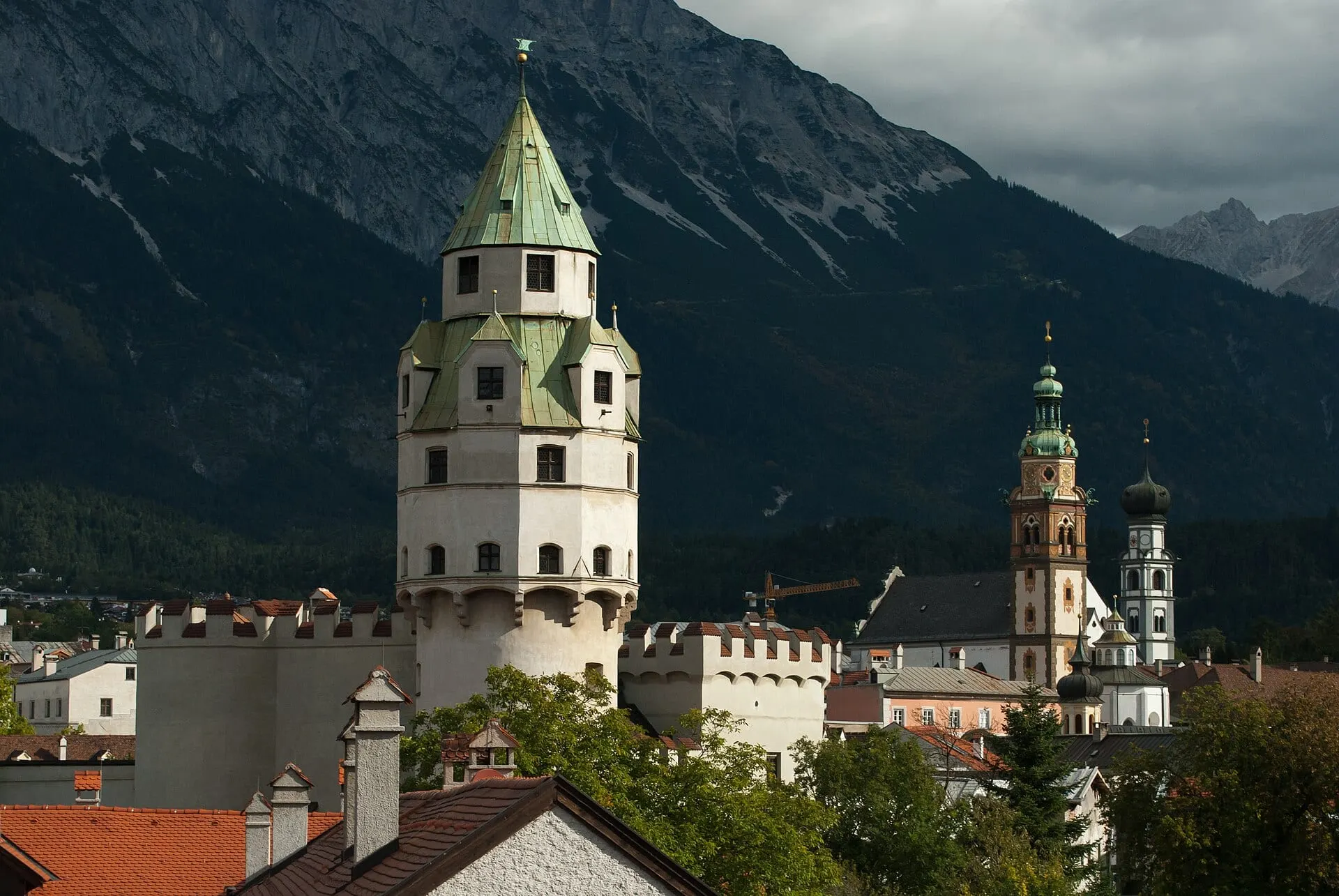 The mint tower of Hasegg Castle and the church towers of Hall in Tirol