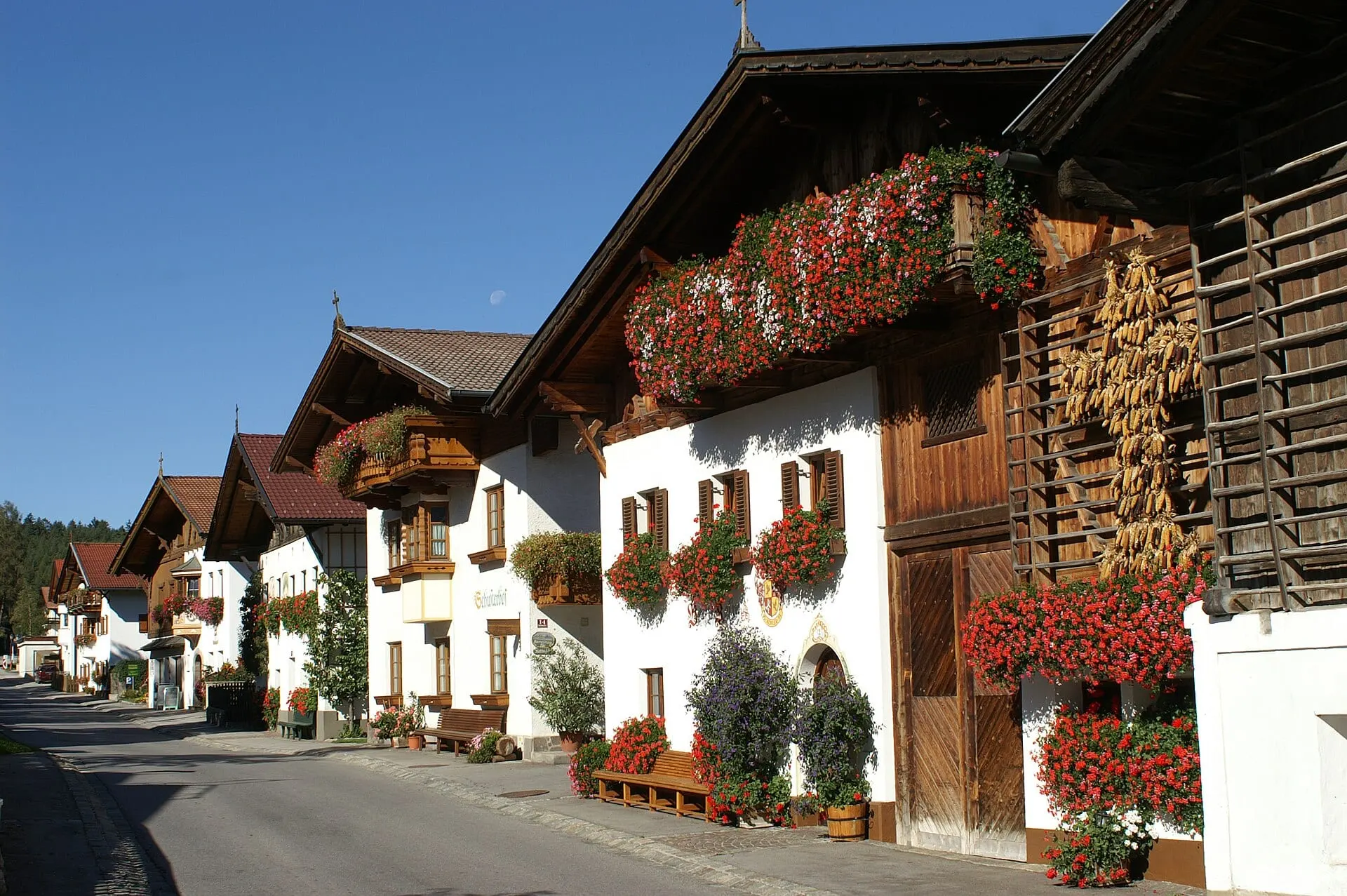 Flower-hung farmhouses on the village street in Mutters