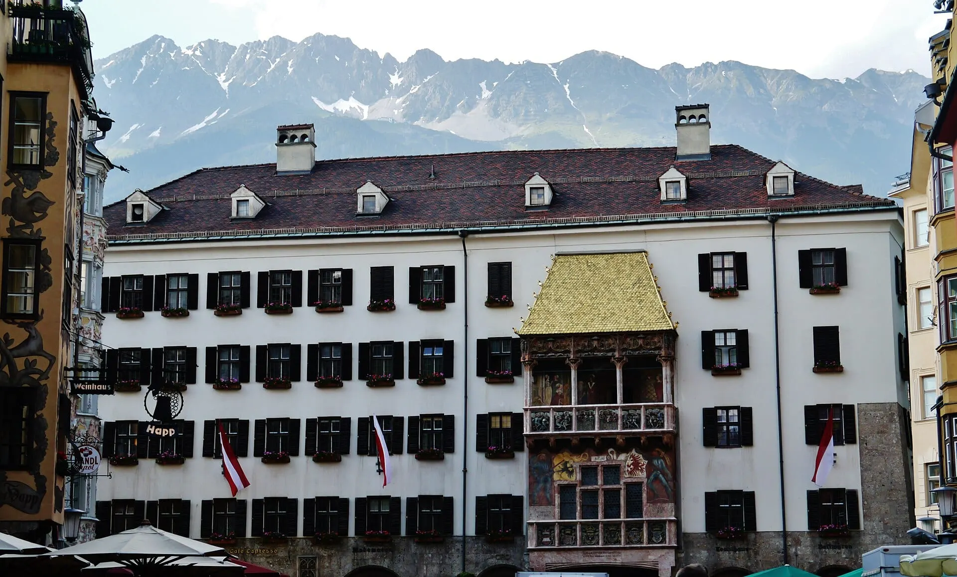 The Golden Roof on Herzog-Friedrich-Strasse with the Nordkette behind