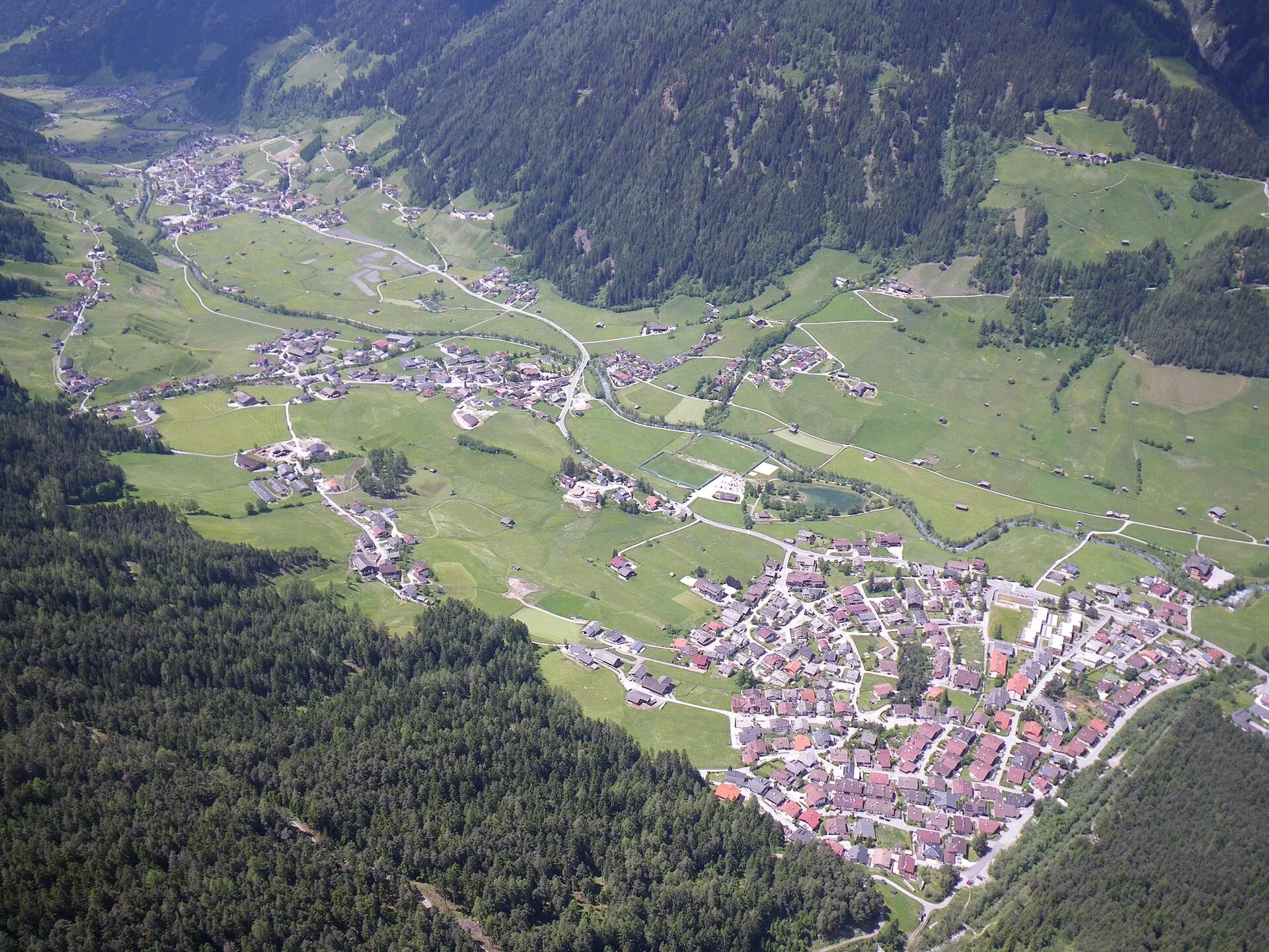 The Stubai valley from the air above Neustift