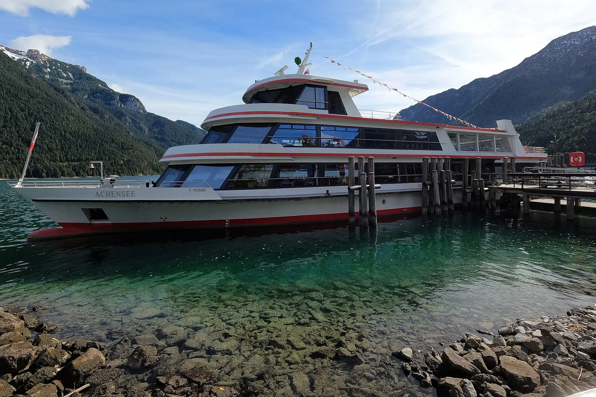 A passenger boat at the jetty on the Achensee