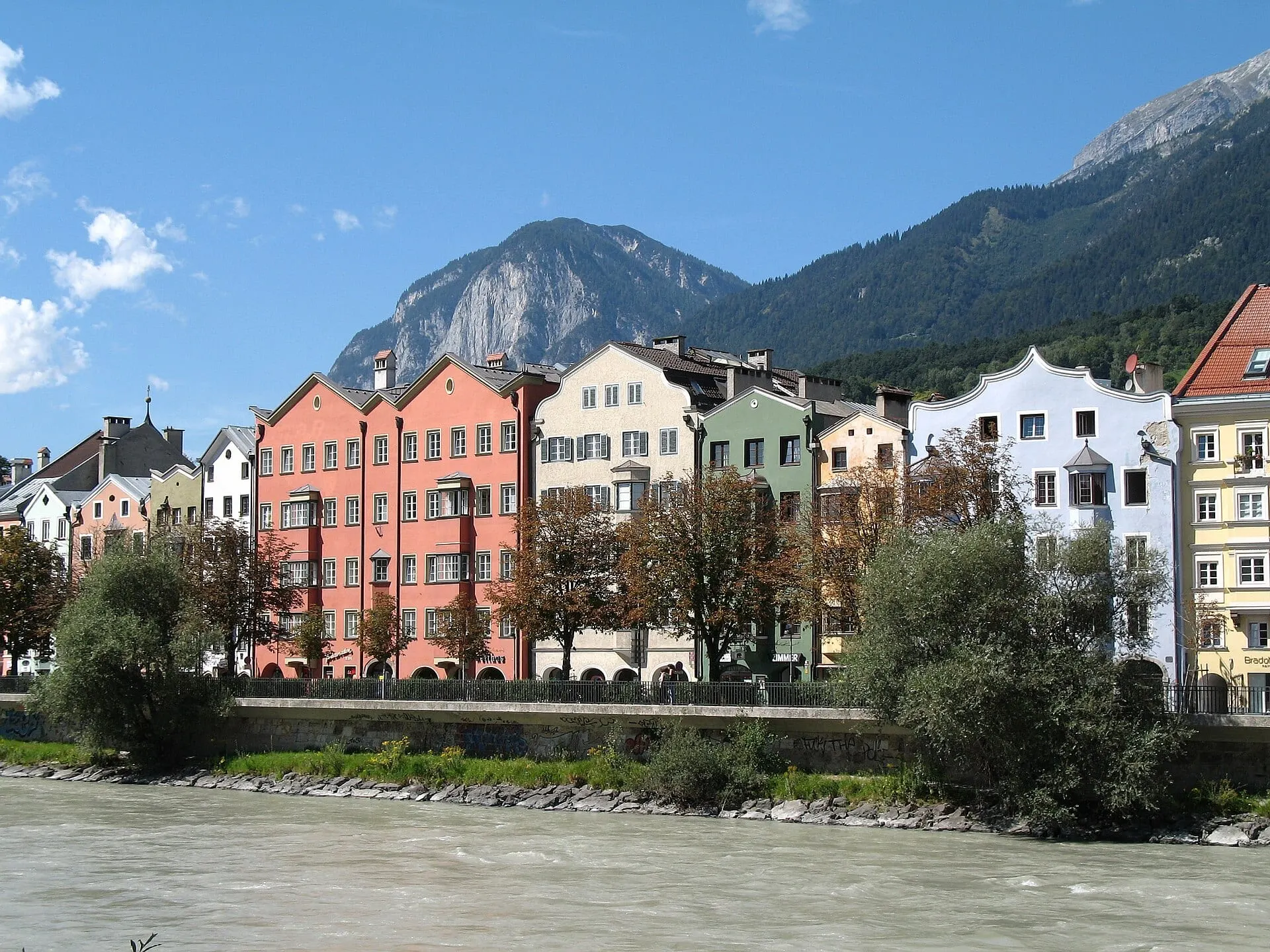 Houses on the River Inn in Innsbruck with the mountains behind