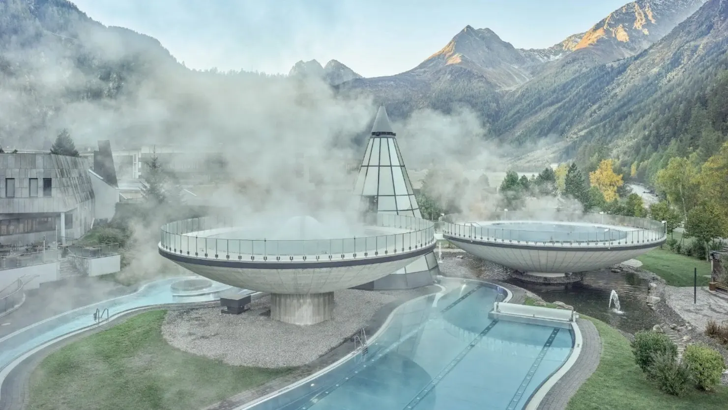 Steaming bowl pools and glass cone at Aqua Dome in Längenfeld