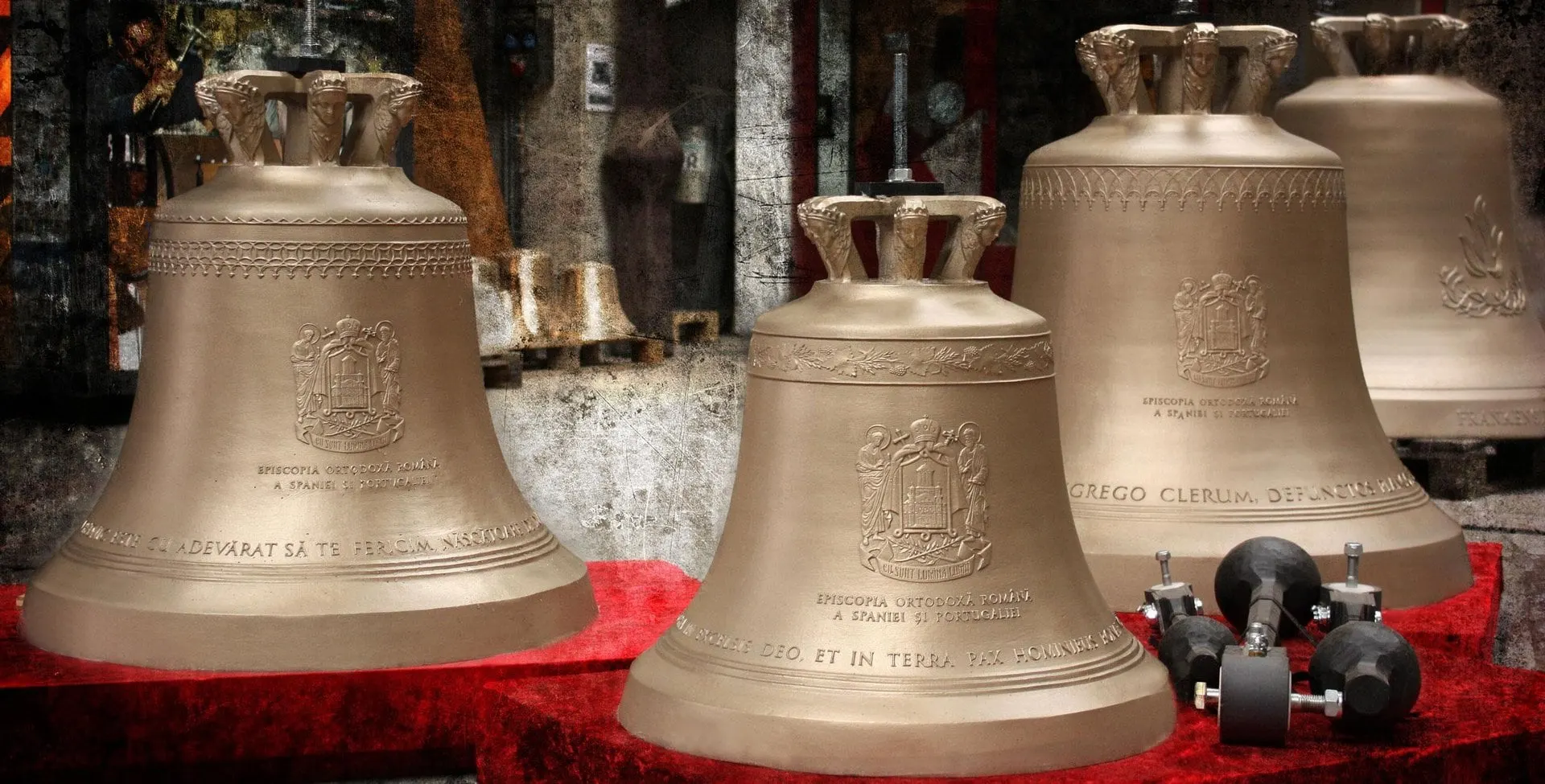 Polished bronze church bells on display at the Grassmayr Bell Museum