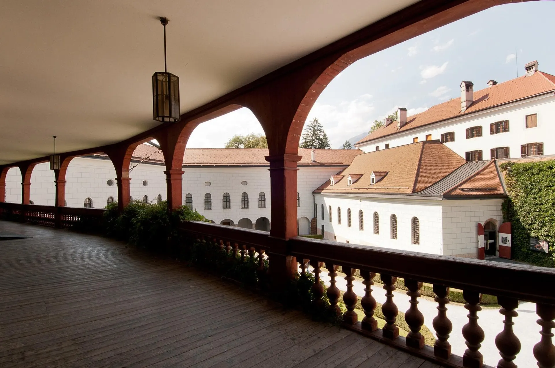 Arcaded gallery overlooking the Ambras Castle courtyard