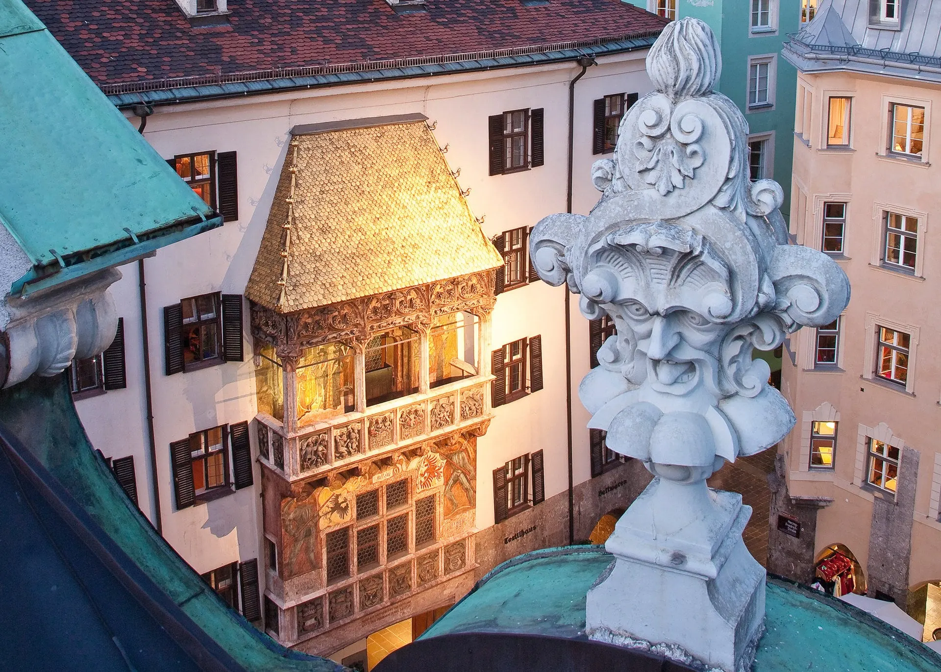 Golden Roof seen from above beside a carved stone ornament