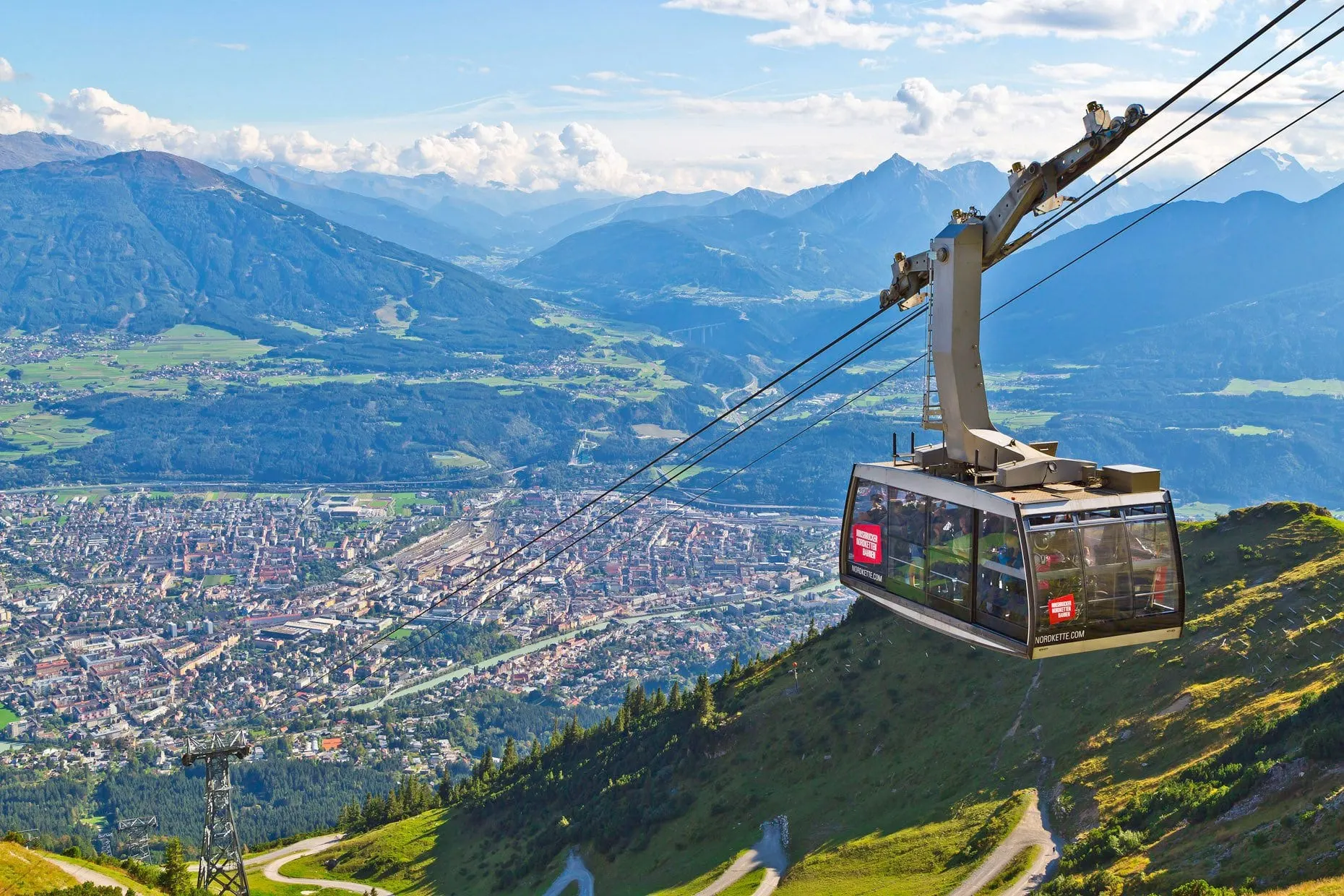 Nordkette cable car gondola above Innsbruck and the Inn Valley
