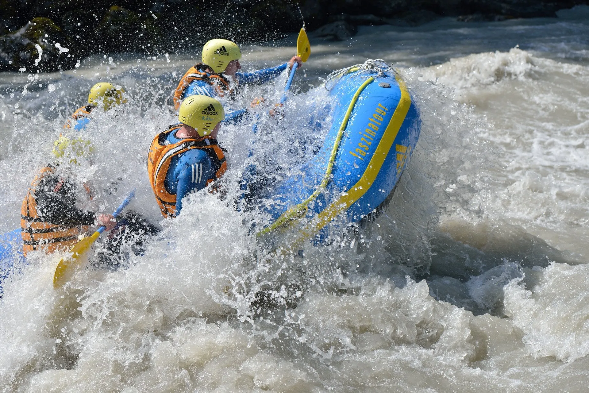Raft crashing through white water in the Imster Schlucht