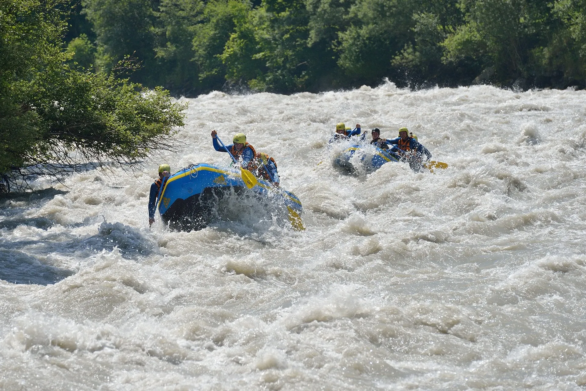 Two rafts in the rapids of the Imster Schlucht on the Inn