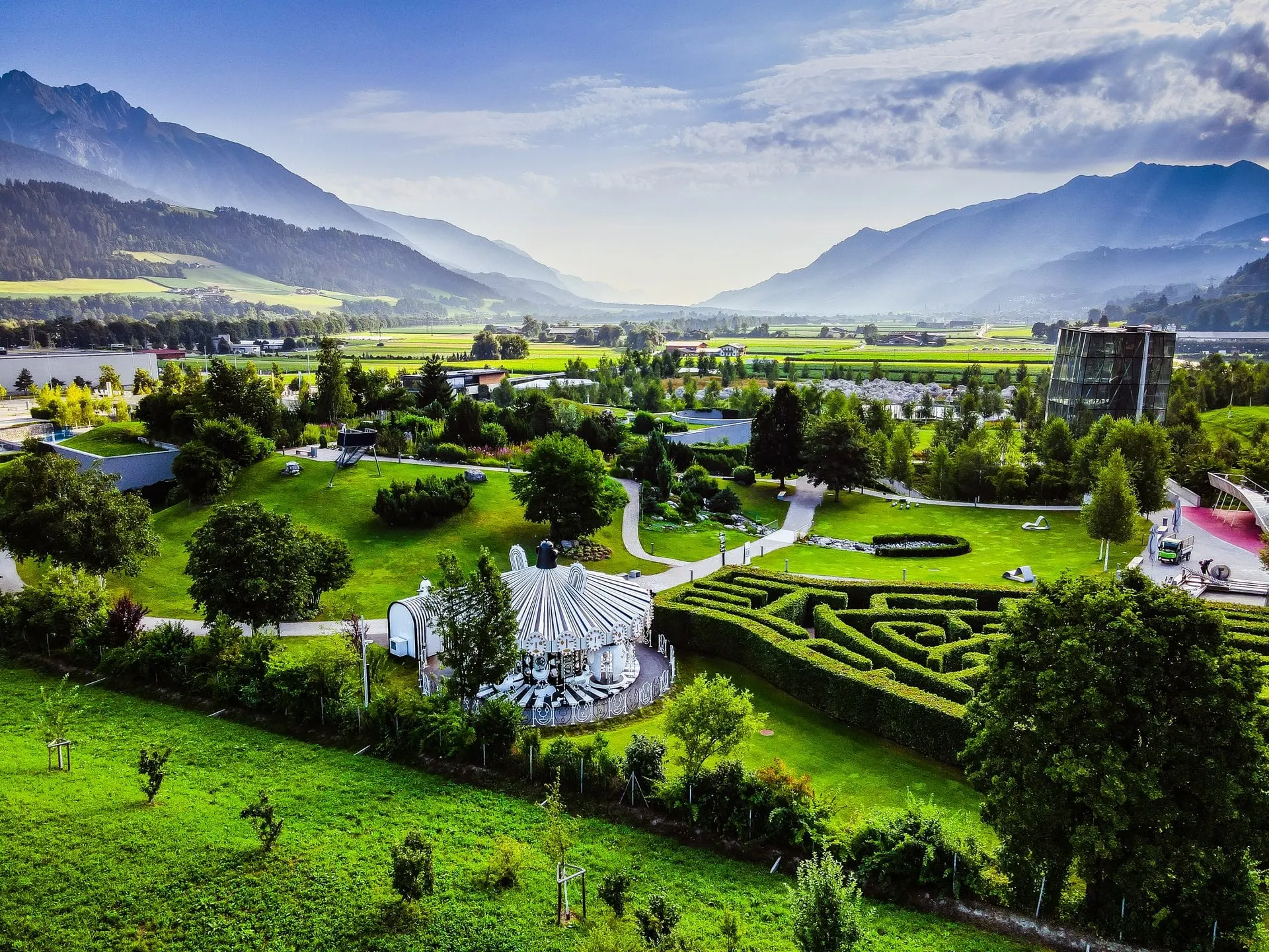 Swarovski Crystal Worlds gardens and maze in the Inn Valley from above