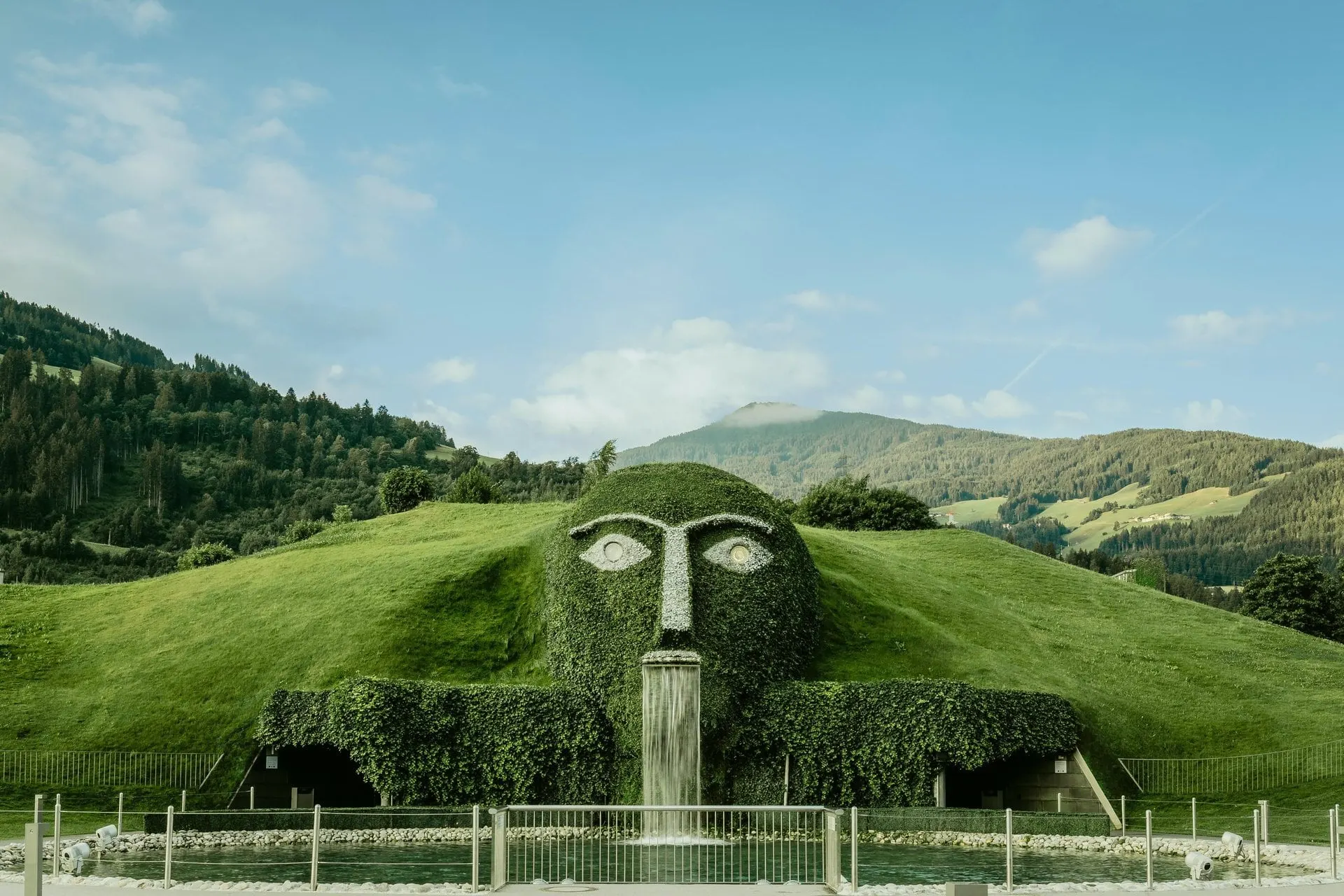 Giant head with waterfall at Swarovski Crystal Worlds in Wattens