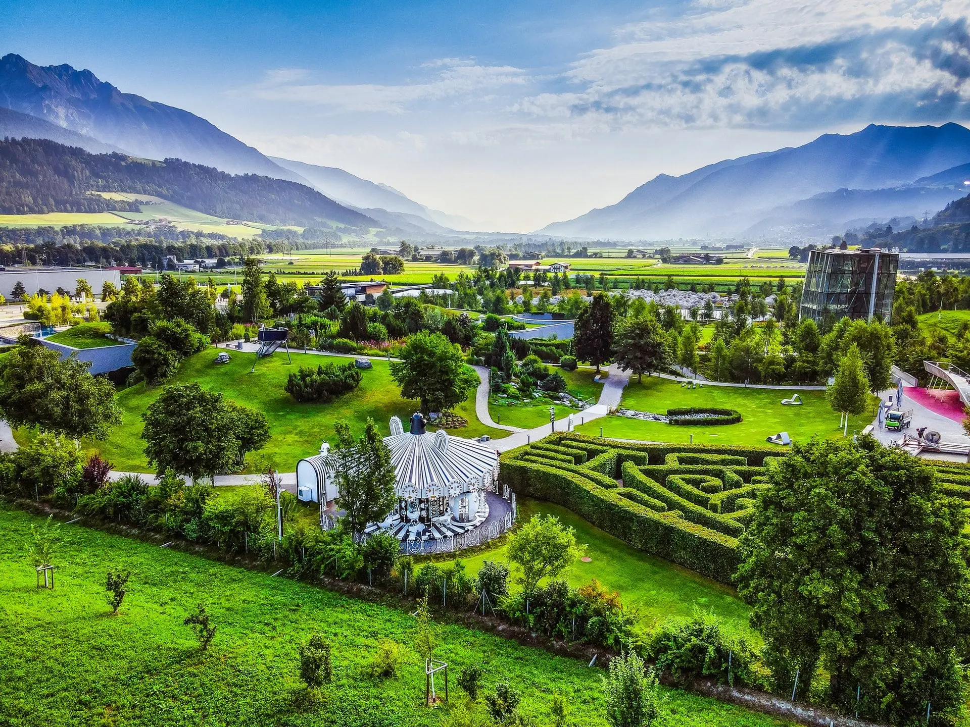 Swarovski Crystal Worlds gardens and maze in the Inn Valley from above