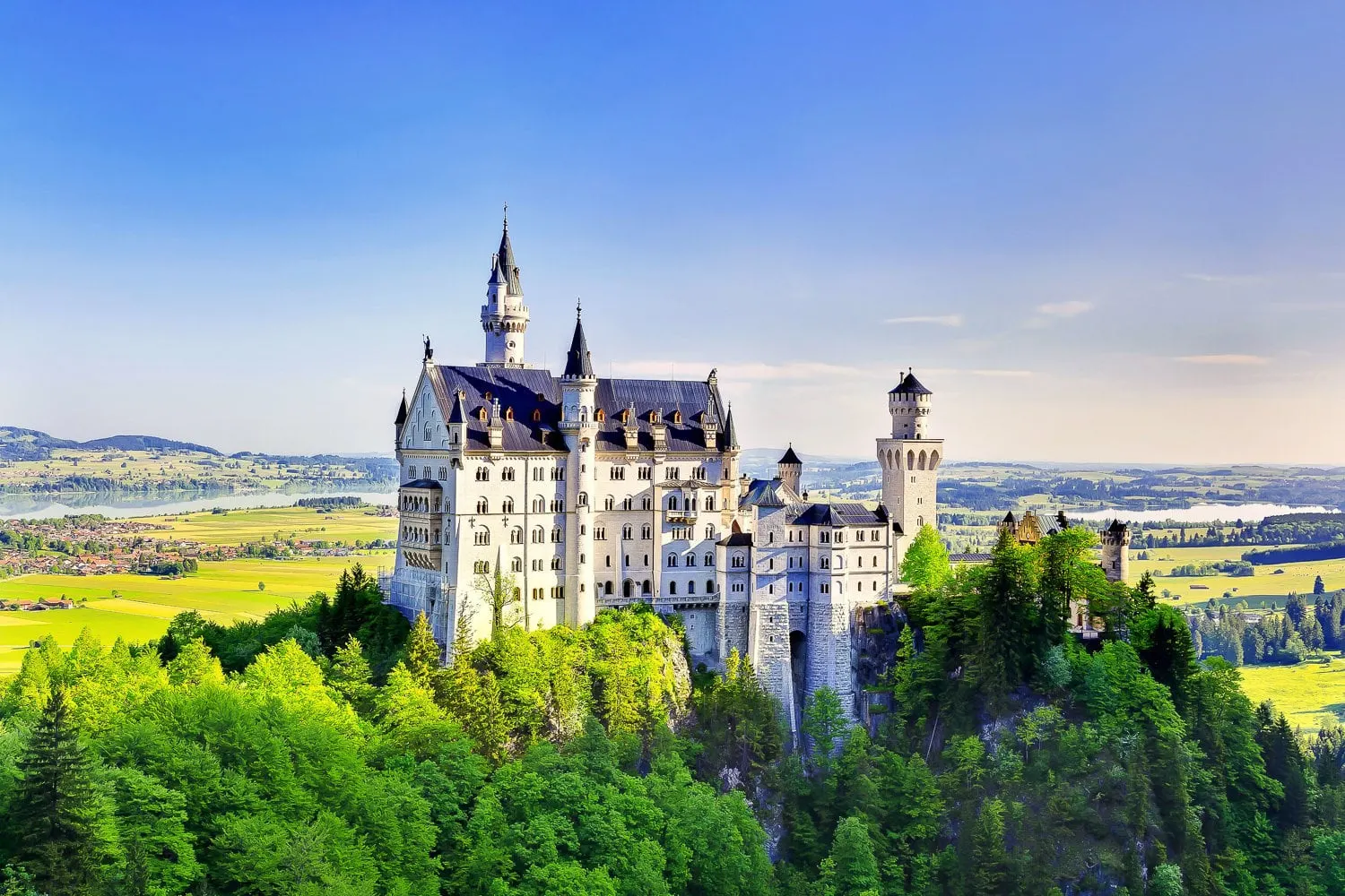 Schloss Neuschwanstein auf seinem bewaldeten Rücken im Frühling