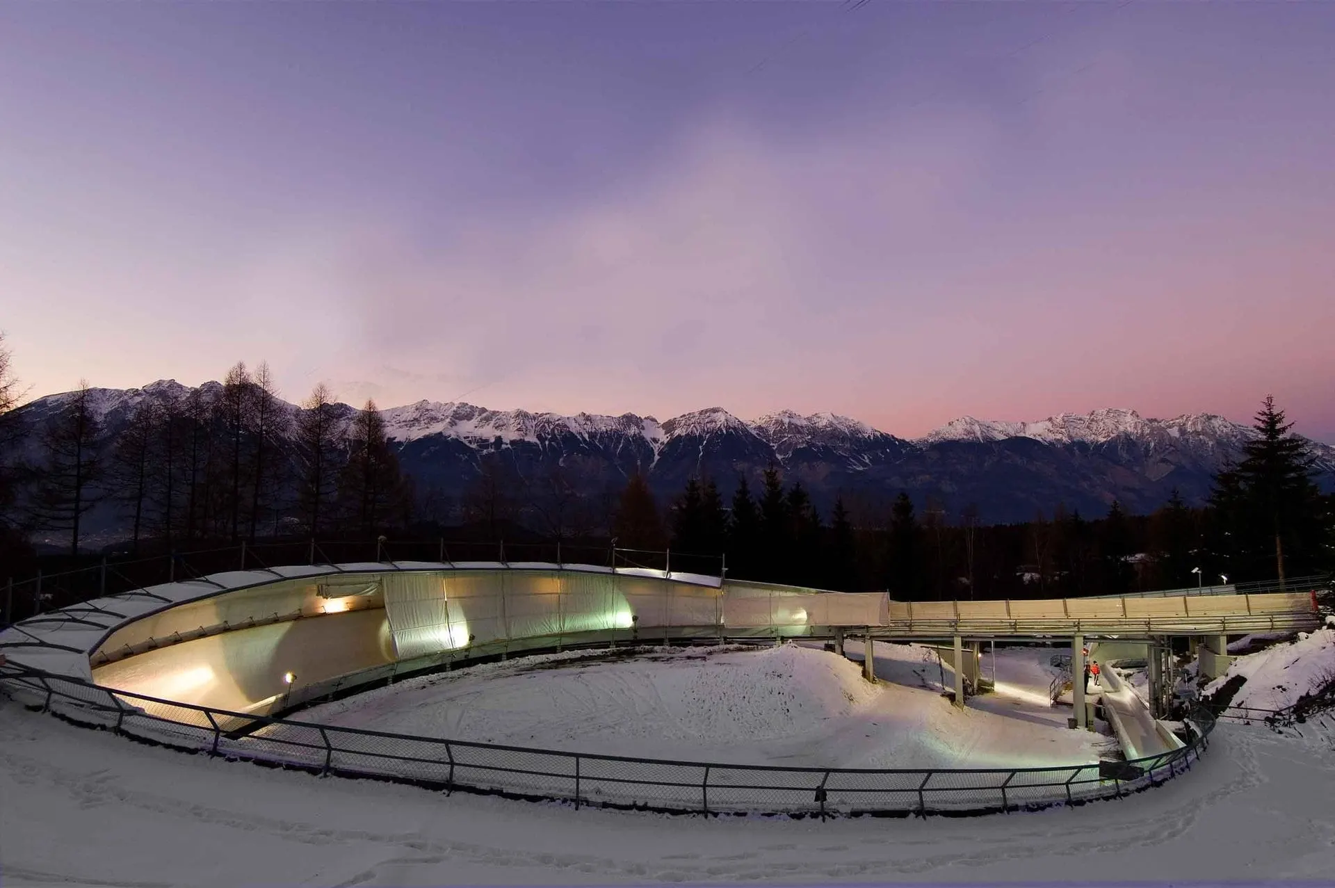 Olympic bob track in Igls at dusk with the Nordkette behind