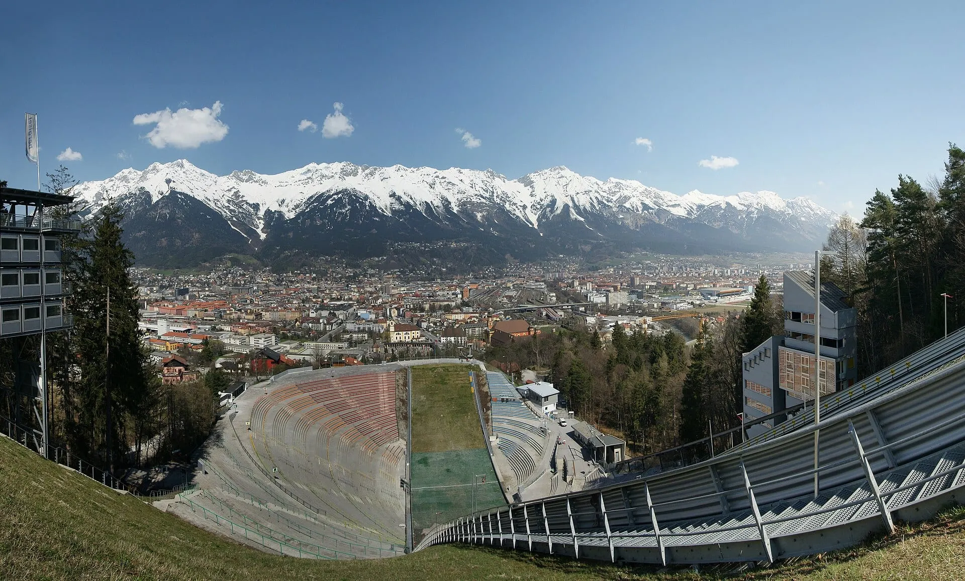 Innsbruck from the Bergisel ski jump, with the snow-covered Nordkette behind