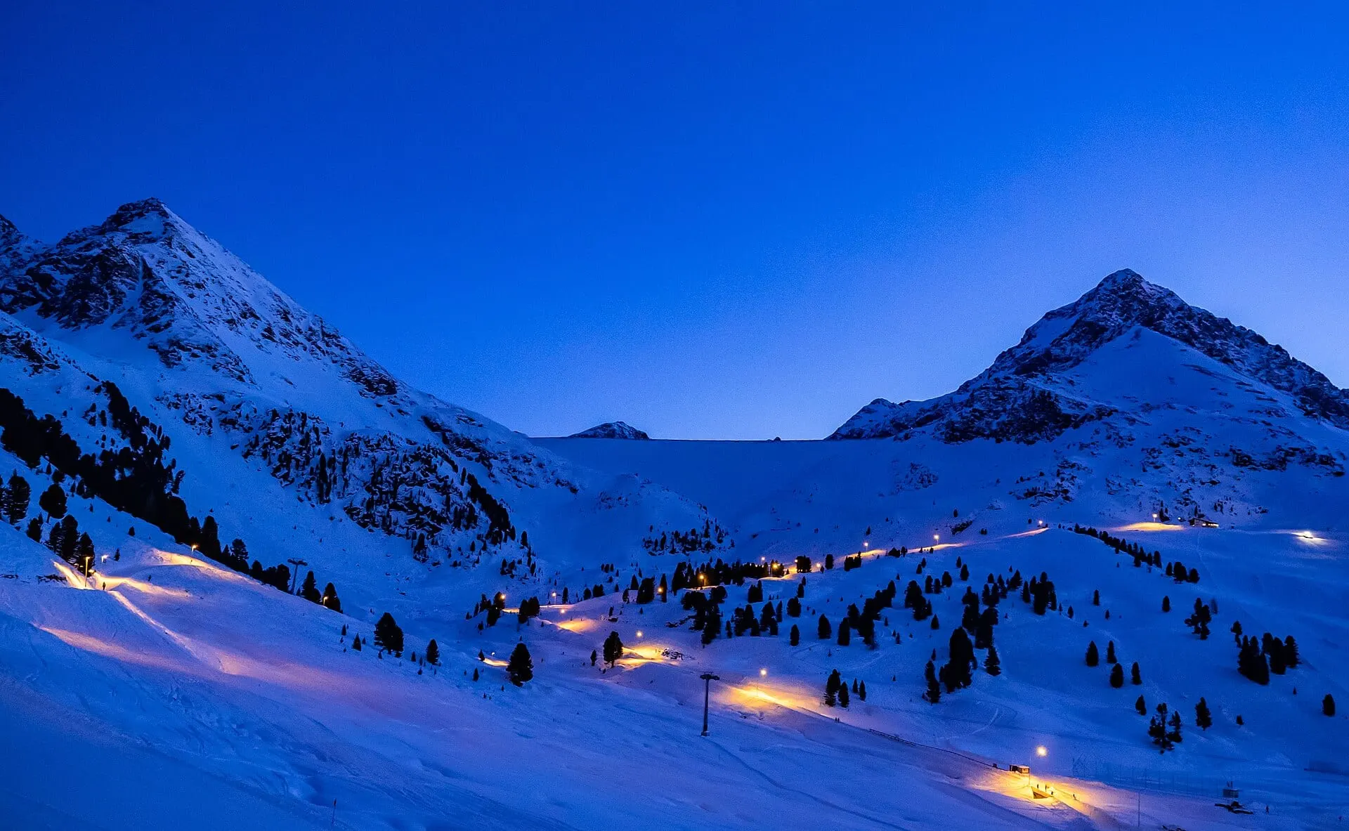 Kühtai's floodlit slopes at dusk