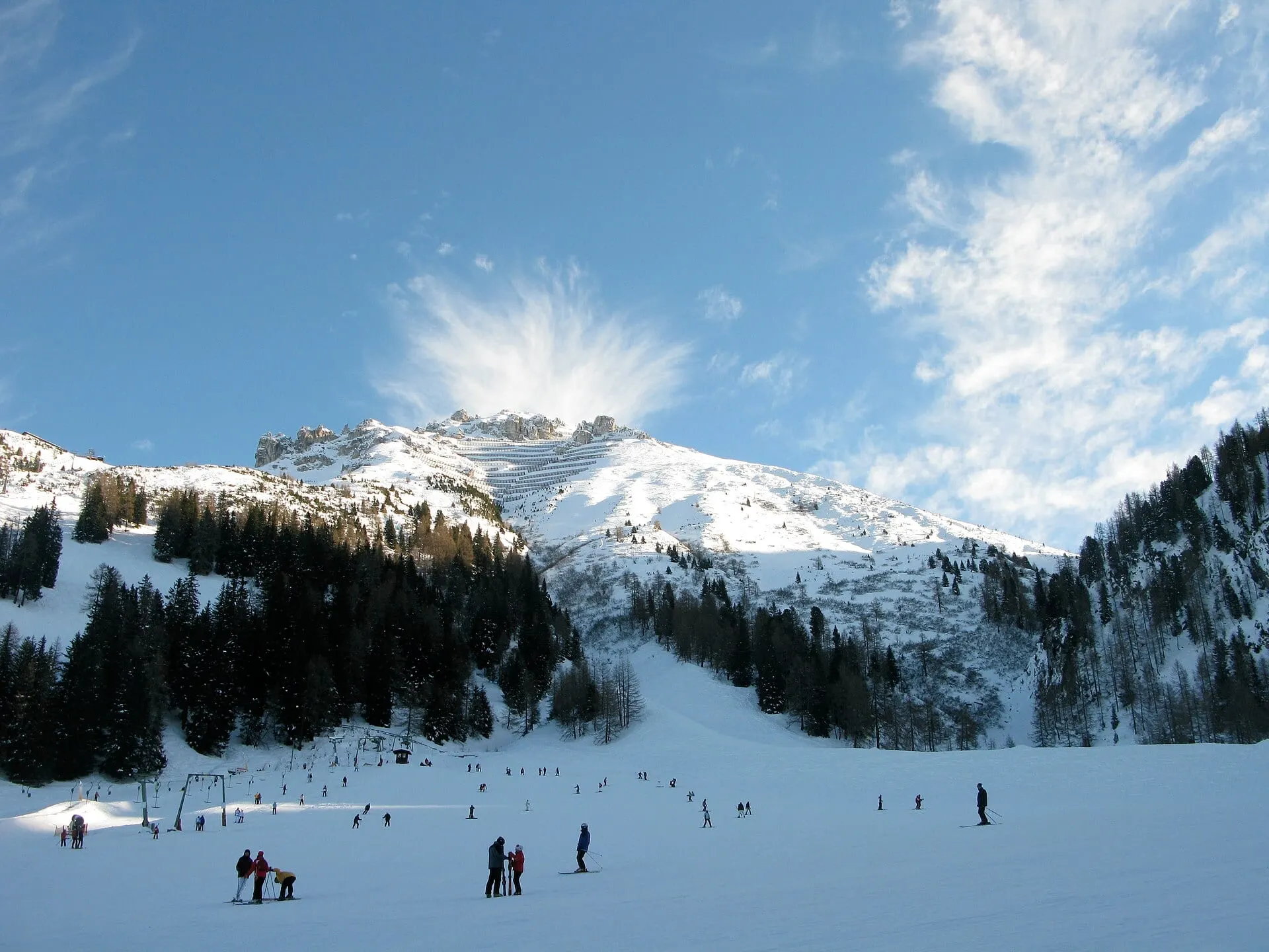 Skiers on the slopes of the Axamer Lizum below snowy peaks